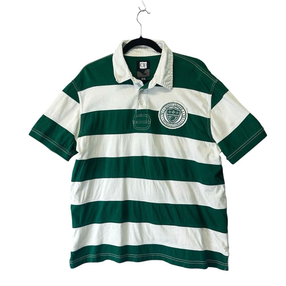 Vtg Ocean Pacific OP‎ Mens Sz XL Rugby Short Sleeve Polo Shirt Green Striped Y2K